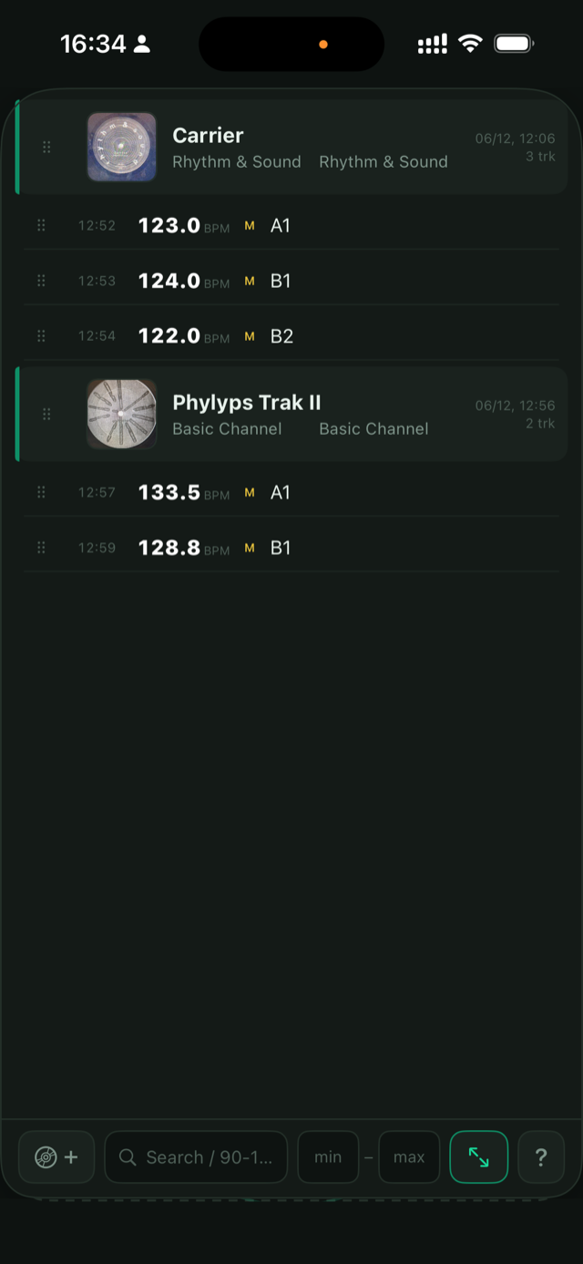 WaxMarker focus mode: full-screen album catalog with BPM records, search and BPM range filter