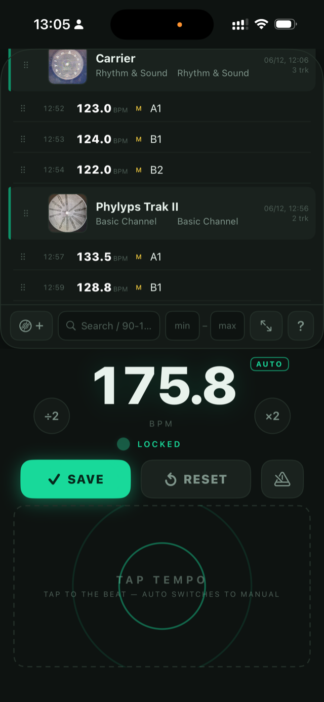 WaxMarker measure screen: large BPM readout with LOCKED indicator, SAVE / RESET / metronome buttons and tap tempo zone